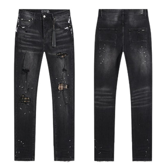 Black Distressed Denim Jeans with Leopard Print Patches and Paint Splatter